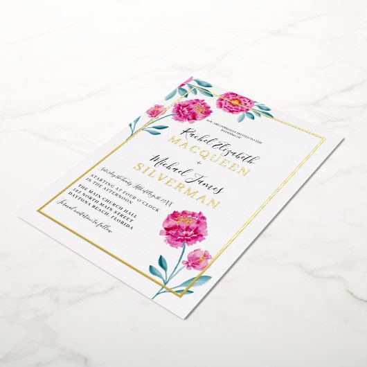 エレガントピッモダンクティール(緑がかった色)縁どフローラ結婚s 箔招待状 (回転した状態)