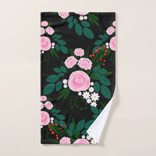 エレガントピンクと白のフローラ水絵を描色 バスタオルセット (ハンドタオル)