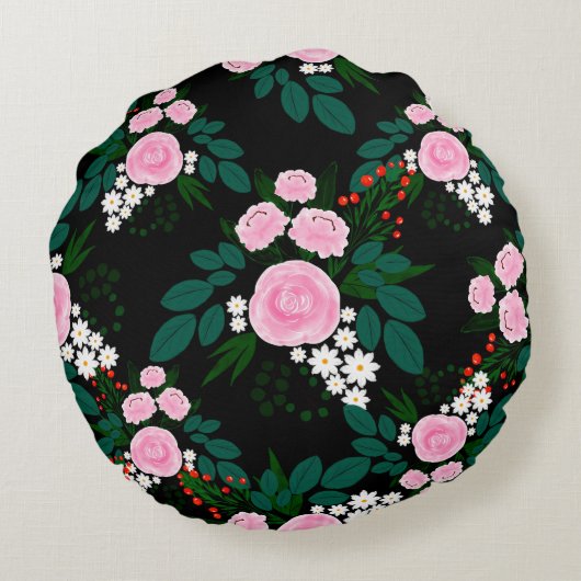 エレガントピンクと白のフローラ水絵を描色 ラウンドクッション (裏面)
