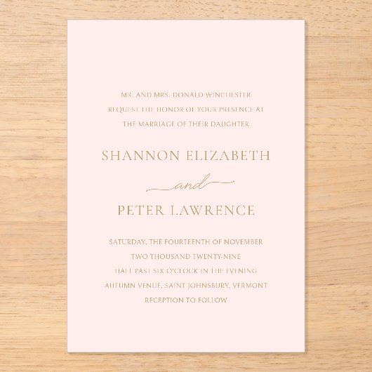 エレガントピンクと金ゴールドクラシック結婚の アクリル招待状 (正面)