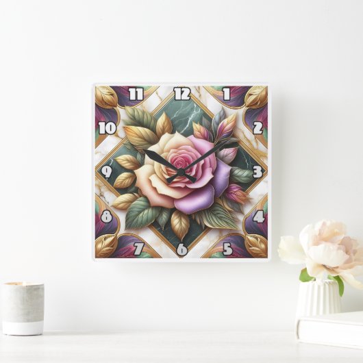 エレガントピンクのバラがカラフル離れの スクエア壁時計 (ホーム)