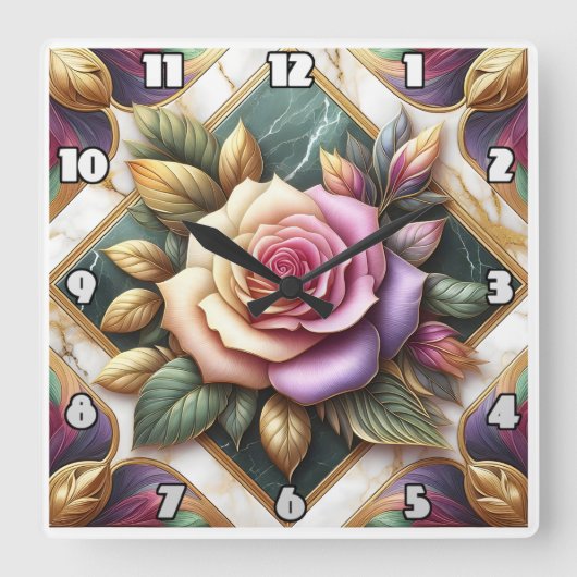 エレガントピンクのバラがカラフル離れの スクエア壁時計 (正面)