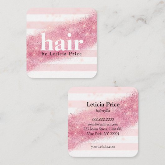 エレガントピンクのバラ金ゴールドストライプグリッター スクエア名刺 (正面/裏面)