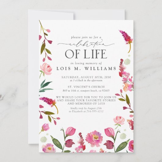 エレガントピンクのフローラモダンお祝い 招待状 (正面)