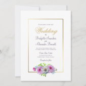 エレガントピンクのフローラ縁ど結婚金ゴールド 招待状 (正面)