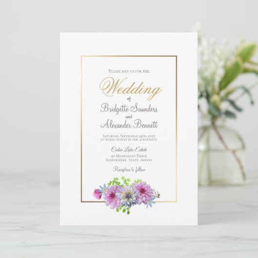 エレガントピンクのフローラ縁ど結婚金ゴールド 招待状 (スタンド正面)