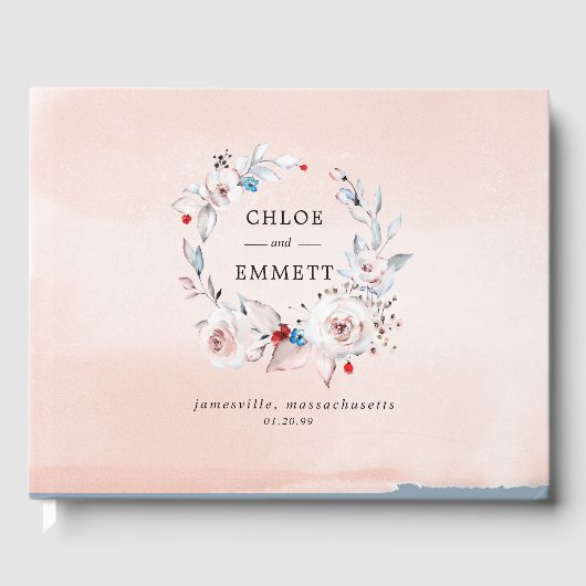 エレガントピンクの水色の素朴フローラリース ゲストブック (正面)