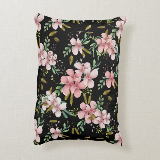 エレガントピンクの水色フローラ黒植物学 アクセントクッション (裏面(縦))