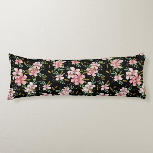 エレガントピンクの水色フローラ黒植物学 ボディピロー (正面)