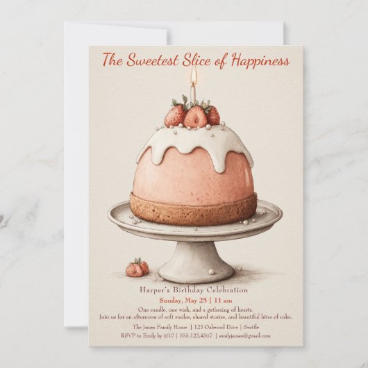 エレガントピンクウォーター色ケーキ誕生日招待状 招待状 (正面)