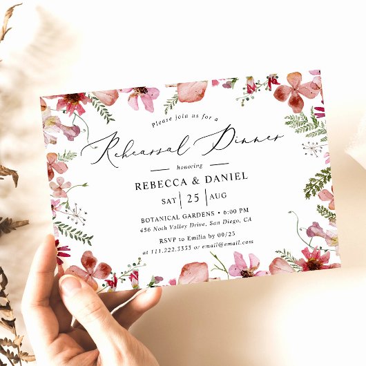 エレガントピンクウォーター色フローラリハーサルディナー 招待状
