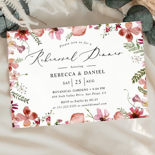 エレガントピンクウォーター色フローラリハーサルディナー 招待状