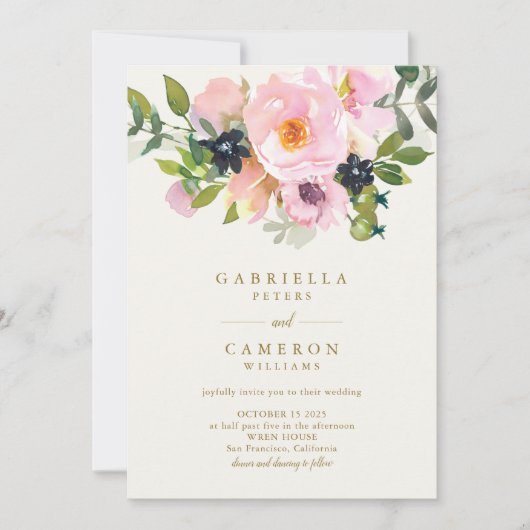 エレガントピンクガーデンフローラウォーターカラーシック結婚ズ 招待状 (正面)