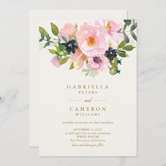 エレガントピンクガーデンフローラウォーターカラーシック結婚ズ 招待状 (正面/裏面)