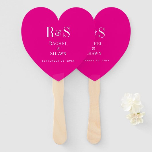 エレガントピンクシックモダンモノグラ結婚ム ハンドファン (正面&裏面)