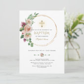 エレガントピンクシャンパンフローラ金ゴールドクロスバプテスマ 招待状 (スタンド正面)