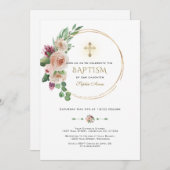 エレガントピンクシャンパンフローラ金ゴールドクロスバプテスマ 招待状 (正面/裏面)