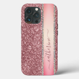 エレガントピンクストライプのラメ カスタム 名前入り iPhone 13 PROケース