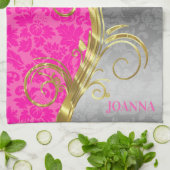 エレガントピンクダマスク金ゴールド&シルバースワール キッチンタオル (折り畳み)