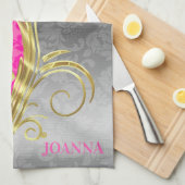 エレガントピンクダマスク金ゴールド&シルバースワール キッチンタオル (四つ折り)
