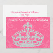 エレガントピンクダマスク&ダイヤモンドクラウンSweet sixteen 招待状 (正面/裏面)