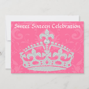 エレガントピンクダマスク&ダイヤモンドクラウンSweet sixteen 招待状