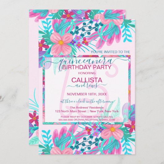 エレガントピンクティール（緑がかった色）絵を描花葉キンチェニェラ 招待状 (正面/裏面)
