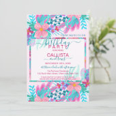 エレガントピンクティール（緑がかった色）絵を描花離れ誕生日 招待状 (スタンド正面)