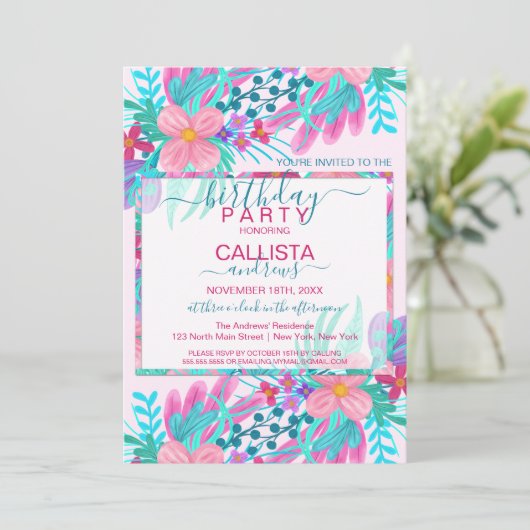 エレガントピンクティール（緑がかった色）絵を描花離れ誕生日 招待状 (スタンド正面)