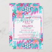 エレガントピンクティール（緑がかった色）絵を描花離れ誕生日 招待状 (正面/裏面)