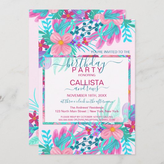 エレガントピンクティール（緑がかった色）絵を描花離れ誕生日 招待状 (正面/裏面)