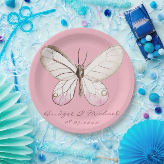 エレガントピンクパーソナライズされたバ結婚チョウ ペーパープレート (パーティー)