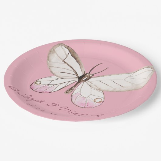 エレガントピンクパーソナライズされたバ結婚チョウ ペーパープレート (アングル)