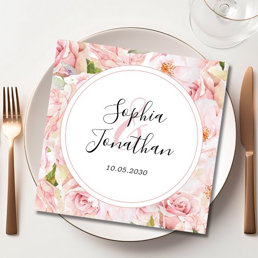 エレガントピンクパーソナライズされたロ結婚ス スタンダードカクテルナプキン