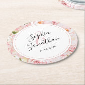 エレガントピンクパーソナライズされたロ結婚ス ラウンドペーパーコースター (アングル)