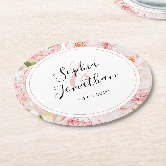 エレガントピンクパーソナライズされたロ結婚ス ラウンドペーパーコースター (アングル)