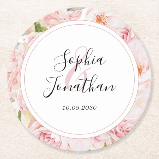 エレガントピンクパーソナライズされたロ結婚ス ラウンドペーパーコースター (正面)