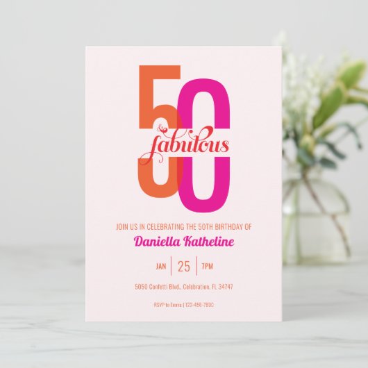 エレガントピンクフィフティ&ファブラス50誕生日 招待状 (スタンド正面)
