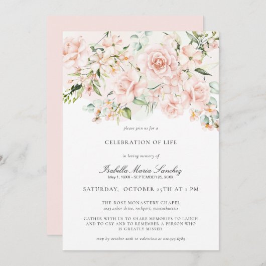 エレガントピンクフローラお祝い 招待状 (正面/裏面)