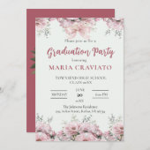 エレガントピンクフローラ縁ど卒業パーティー招待券 招待状 (正面/裏面)