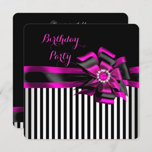 エレガントピンクブラックボウストライプのバースデーパーティー 招待状 (正面/裏面)