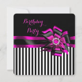 エレガントピンクブラックボウストライプのバースデーパーティー 招待状 (正面)