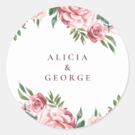 エレガントピンクブルゴーニュバラ結婚式の引き出物クラシック ラウンドシール