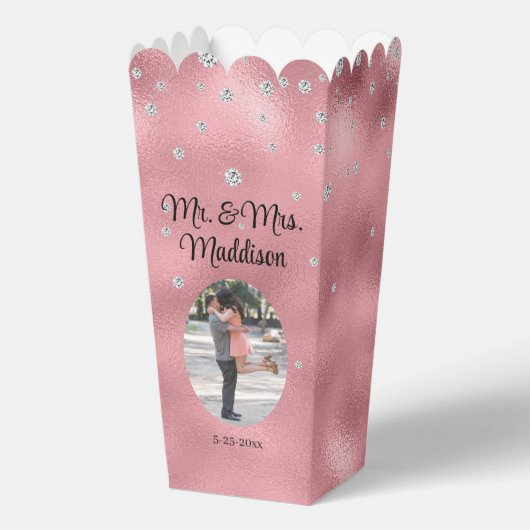 エレガントピンクホイル&ダイヤモンド結婚のポップコーン フェイバーボックス (正面)