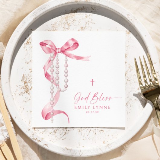 エレガントピンクボウ&ロザリーバプテスマ スタンダードカクテルナプキン