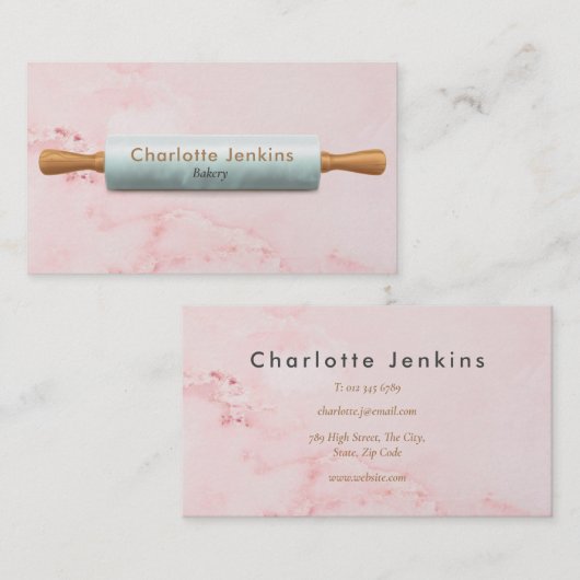 エレガントピンクマーブル転がのピンベーカリーパティシエ 名刺 (正面/裏面)