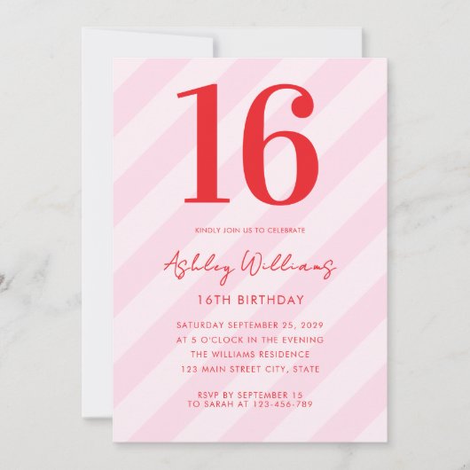 エレガントピンクモダンレッド16誕生日 招待状 (正面)