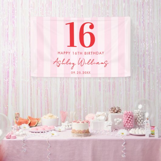 エレガントピンクモダンレッド16誕生日 横断幕 (パーティー)
