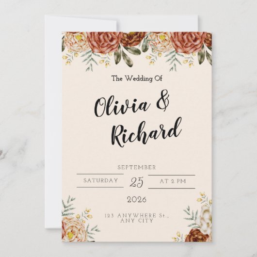 エレガントピンクレッドフローラ素朴&シック結婚ズ 招待状 (正面)