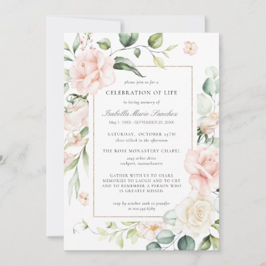 エレガントピンクローズフローラお祝い 招待状 (正面)